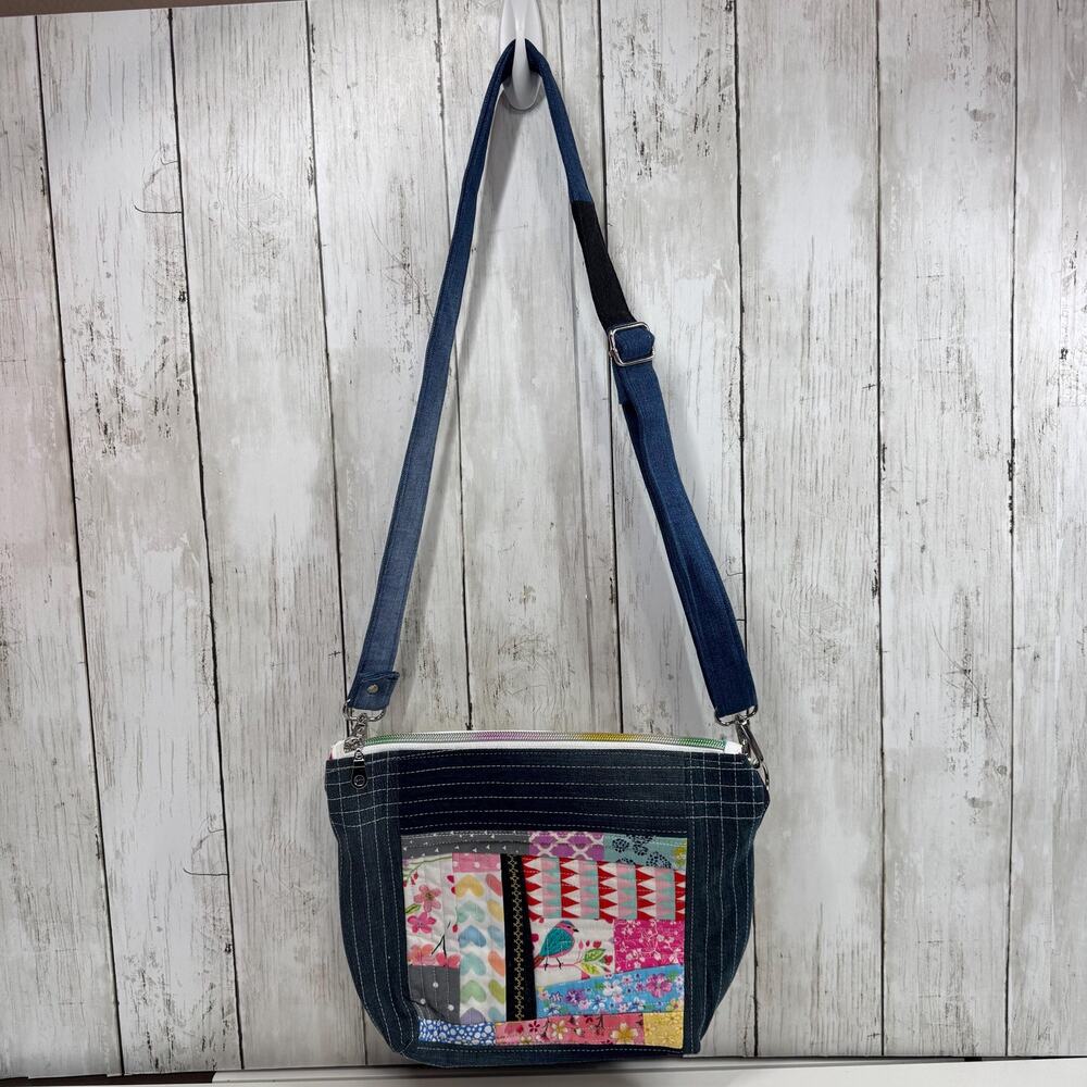Small Colorful Patchwork Crossbody Bag, Adjustable Strap, Denim Accent